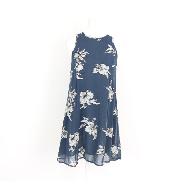Navy Chiffon Botanical Lily Print Sleeveless Swing Mini Dress – Size XS