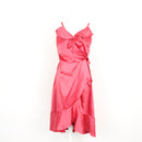 Fuchsia Satin Ruffle-Trim Wrap Midi Dress with Tie Waist – Size S-1