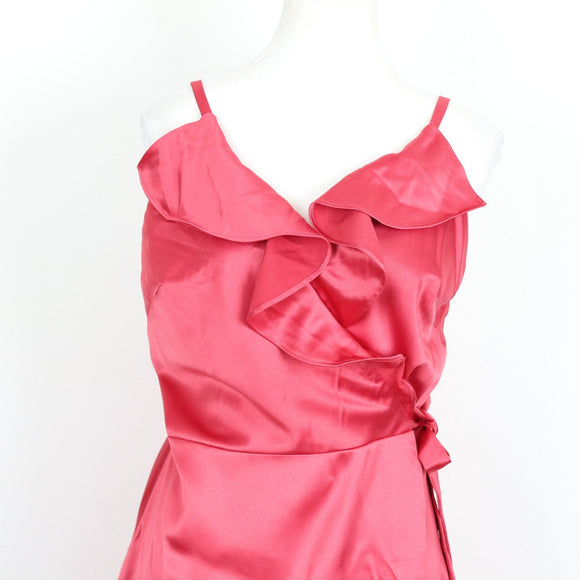 Fuchsia Satin Ruffle-Trim Wrap Midi Dress with Tie Waist – Size S
