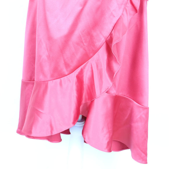 Fuchsia Satin Ruffle-Trim Wrap Midi Dress with Tie Waist – Size S