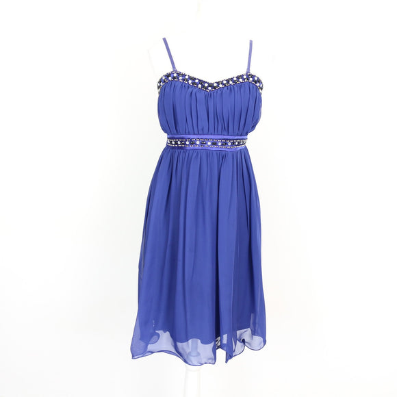 Royal Blue Chiffon Sweetheart Empire-Waist Cocktail Dress with Crystal Embellished Neckline & Waistband – Size 34