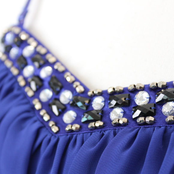 Royal Blue Chiffon Sweetheart Empire-Waist Cocktail Dress with Crystal Embellished Neckline & Waistband – Size 34