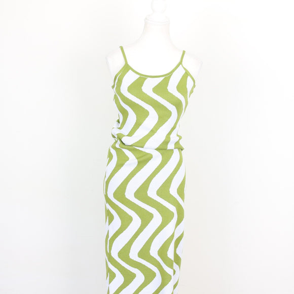 Lime Green & White Wavy Zigzag Knit Spaghetti Strap Bodycon Midi Dress – Size M