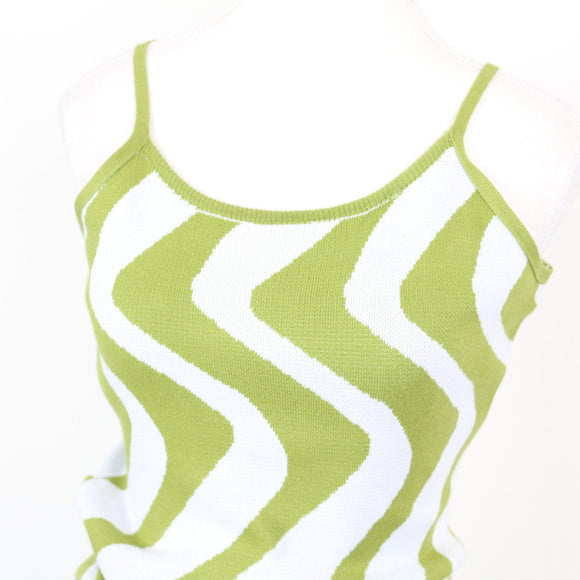 Lime Green & White Wavy Zigzag Knit Spaghetti Strap Bodycon Midi Dress – Size M
