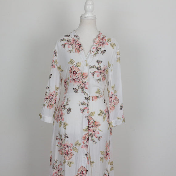 White Blush Peony Print Ruffle Collar Long Sleeve Belted Shirt Midi Dress – Size M