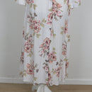 White Blush Peony Print Ruffle Collar Long Sleeve Belted Shirt Midi Dress – Size M-2