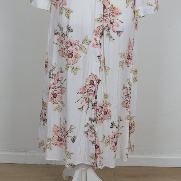 White Blush Peony Print Ruffle Collar Long Sleeve Belted Shirt Midi Dress – Size M