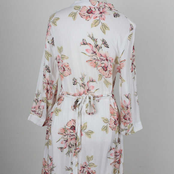 White Blush Peony Print Ruffle Collar Long Sleeve Belted Shirt Midi Dress – Size M