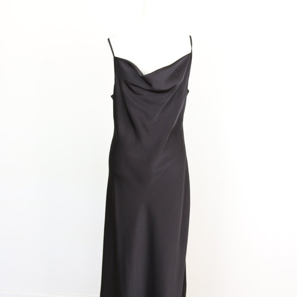 Black Satin Cowl-Neck Spaghetti Strap Bias-Cut Slip Maxi Dress – Size L