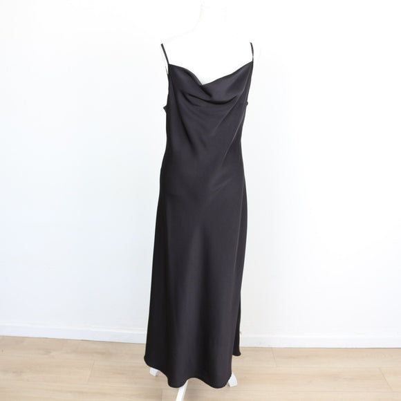 Black Satin Cowl-Neck Spaghetti Strap Bias-Cut Slip Maxi Dress – Size L