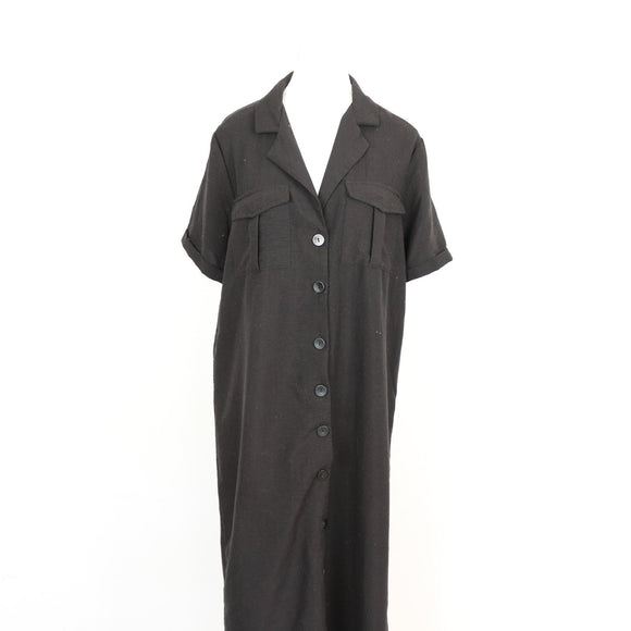 Black Notched Lapel Short Sleeve Button-Front Oversized Shirt Maxi Dress with Chest Pockets – Size L