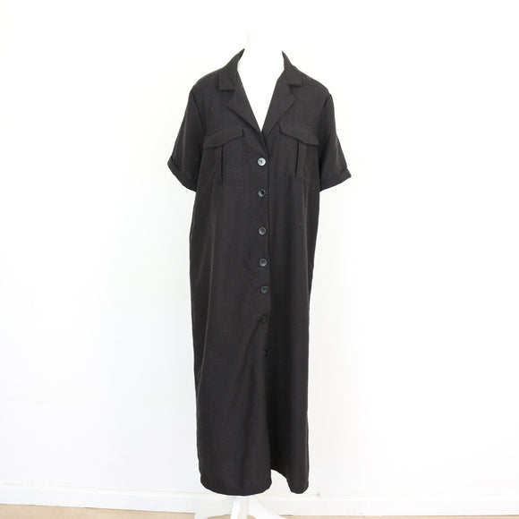 Black Notched Lapel Short Sleeve Button-Front Oversized Shirt Maxi Dress with Chest Pockets – Size L