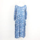Cornflower Blue Botanical Print Long Sleeve Tiered Smock Midi Dress with Ruffle Pockets – Size M-1
