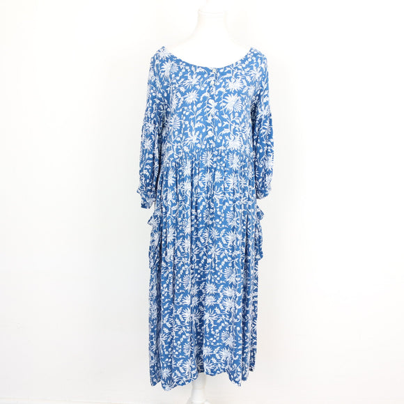 Cornflower Blue Botanical Print Long Sleeve Tiered Smock Midi Dress with Ruffle Pockets – Size M