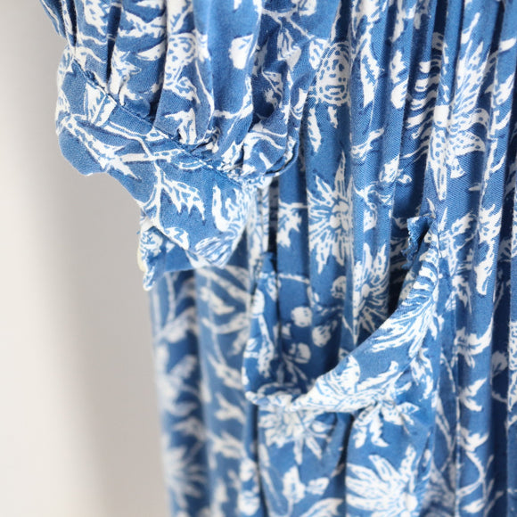 Cornflower Blue Botanical Print Long Sleeve Tiered Smock Midi Dress with Ruffle Pockets – Size M