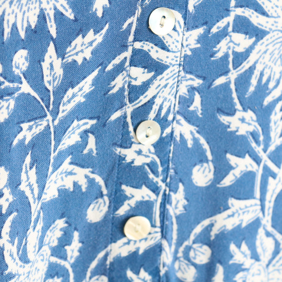 Cornflower Blue Botanical Print Long Sleeve Tiered Smock Midi Dress with Ruffle Pockets – Size M