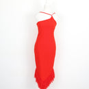 Red Asymmetric One-Shoulder Bandage Bodycon Midi Dress with Feather Hem – Size S-1