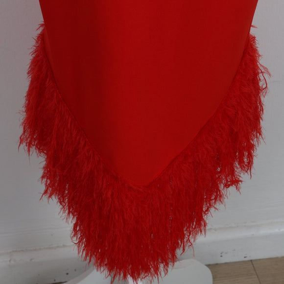 Red Asymmetric One-Shoulder Bandage Bodycon Midi Dress with Feather Hem – Size S