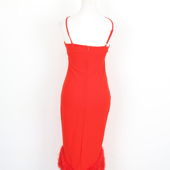 Red Asymmetric One-Shoulder Bandage Bodycon Midi Dress with Feather Hem – Size S