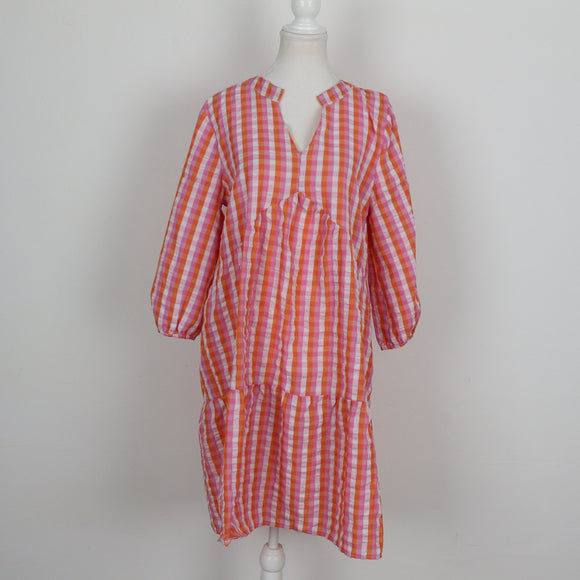 Exact Pink & Orange Gingham Seersucker Balloon Sleeve Drop-Waist Mini Dress – Size 10