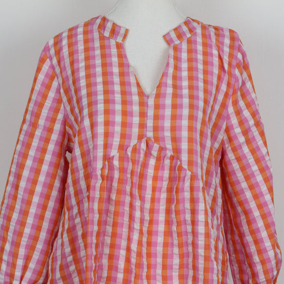 Exact Pink & Orange Gingham Seersucker Balloon Sleeve Drop-Waist Mini Dress – Size 10