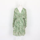 Sage Green Ikat Print Chiffon Deep V-Neck Batwing Long Sleeve Empire Waist Mini Dress – Size M-1