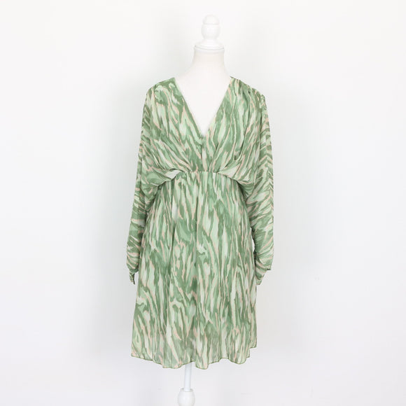 Sage Green Ikat Print Chiffon Deep V-Neck Batwing Long Sleeve Empire Waist Mini Dress – Size M