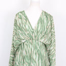 Sage Green Ikat Print Chiffon Deep V-Neck Batwing Long Sleeve Empire Waist Mini Dress – Size M-2