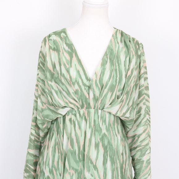 Sage Green Ikat Print Chiffon Deep V-Neck Batwing Long Sleeve Empire Waist Mini Dress – Size M