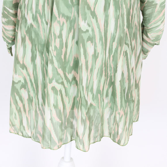 Sage Green Ikat Print Chiffon Deep V-Neck Batwing Long Sleeve Empire Waist Mini Dress – Size M