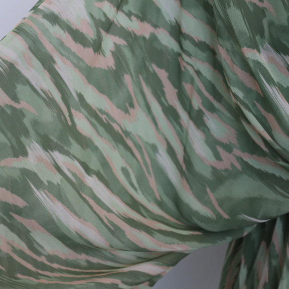 Sage Green Ikat Print Chiffon Deep V-Neck Batwing Long Sleeve Empire Waist Mini Dress – Size M