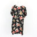 Black Rose Bouquet Print Chiffon Short Sleeve Round-Neck Shift Mini Dress – Size S-1