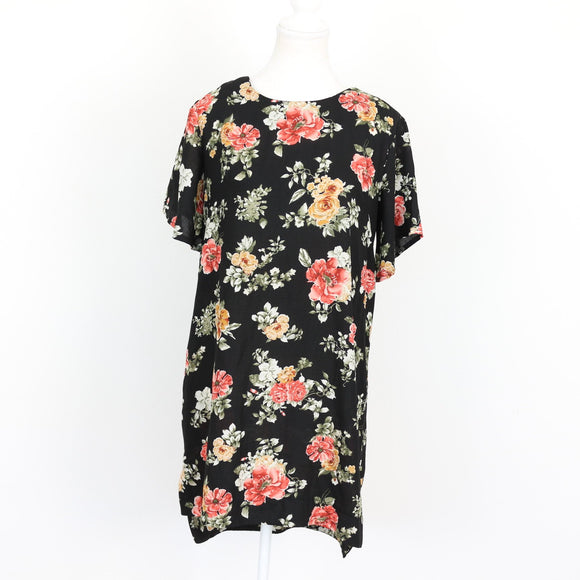 Black Rose Bouquet Print Chiffon Short Sleeve Round-Neck Shift Mini Dress – Size S