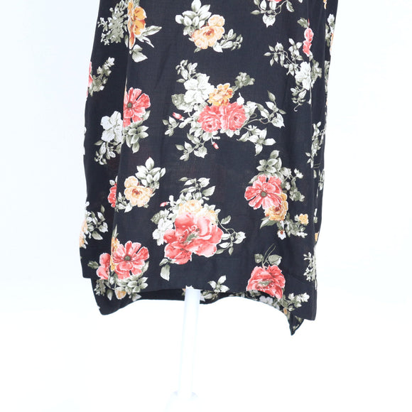 Black Rose Bouquet Print Chiffon Short Sleeve Round-Neck Shift Mini Dress – Size S