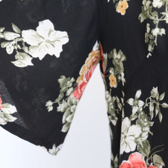 Black Rose Bouquet Print Chiffon Short Sleeve Round-Neck Shift Mini Dress – Size S