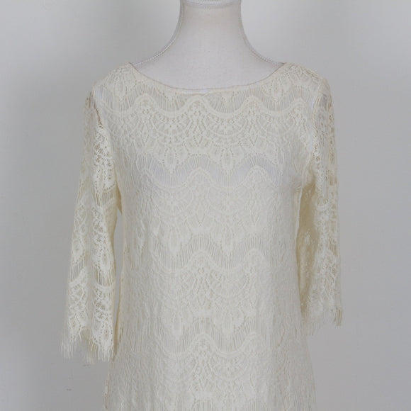 Woolworths Ivory Lace Off-Shoulder Scallop Neckline Bell Sleeve Shift Midi Dress – Size 10