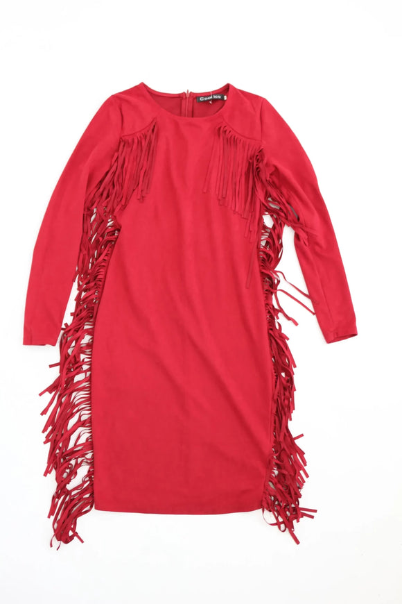 Red velvet tassel bodycon dress - S
