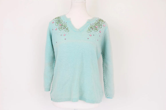 Baby blue 50% lambswool jersey with beaded detail - M