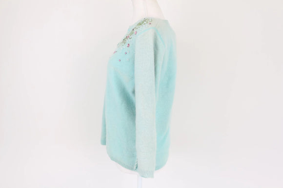 Baby blue 50% lambswool jersey with beaded detail - M