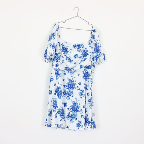Blue & White Puff Sleeve Mini Dress | Thrift Find – Size XL