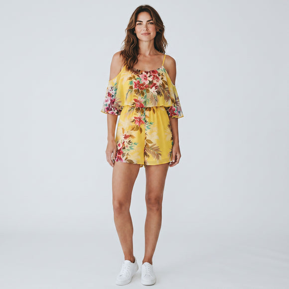 Forever New Yellow Tropical Playsuit | Size 10 | Pre-Loved