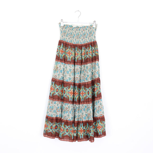 Teal & Brown Boho Smocked Maxi Skirt | Thrift Find – Size 8