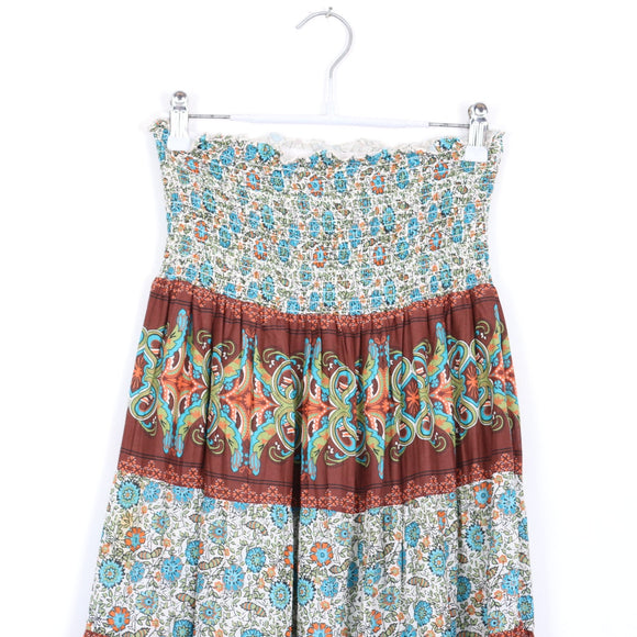 Teal & Brown Boho Smocked Maxi Skirt | Thrift Find – Size 8