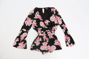 Black & Pink Floral Long-Sleeve Jumpsuit | Size XS | Pre-Loved