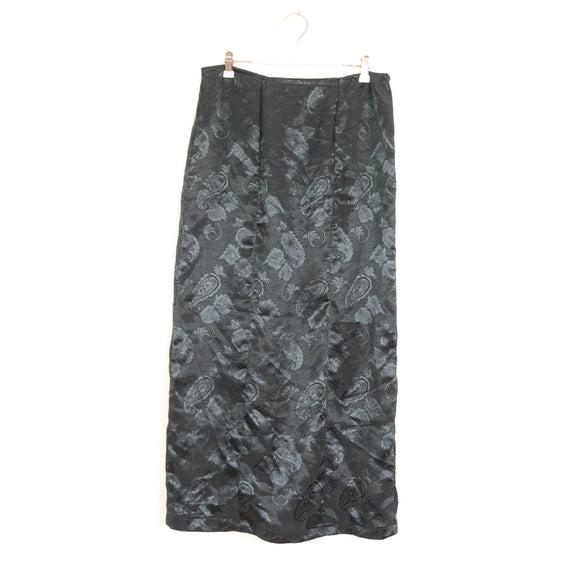 Vintage Black Paisley Satin Maxi Skirt with Slit – Size M