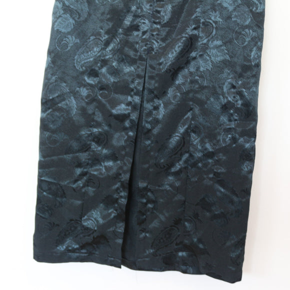 Vintage Black Paisley Satin Maxi Skirt with Slit – Size M