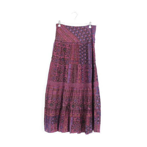 Burgundy Tiered Boho Maxi Skirt with Ethnic Print – Size M