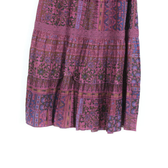 Burgundy Tiered Boho Maxi Skirt with Ethnic Print – Size M