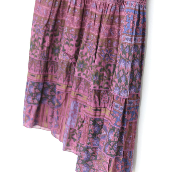 Burgundy Tiered Boho Maxi Skirt with Ethnic Print – Size M