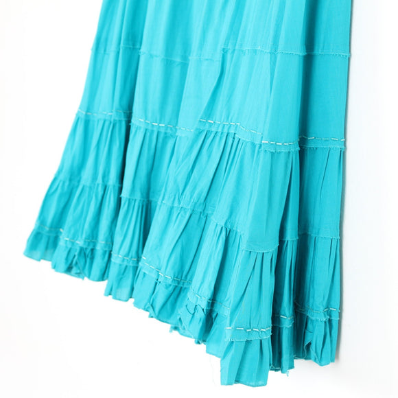 Turquoise Tiered Maxi Skirt with Embroidered Trim – Size S